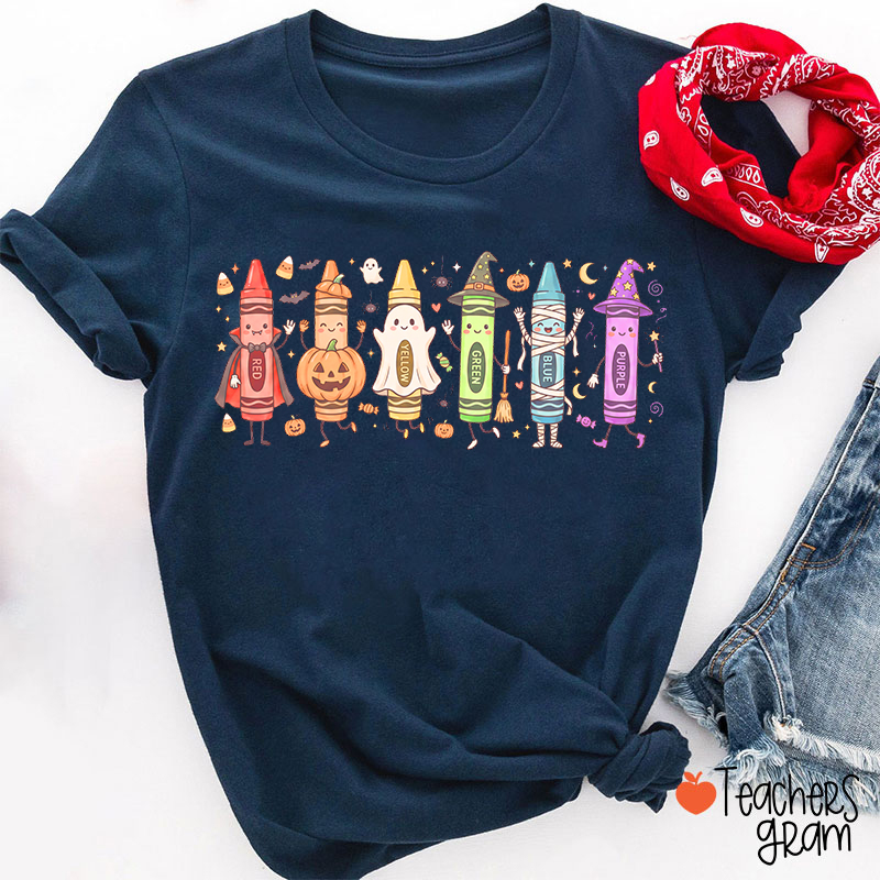 Halloween Cartoon Crayons Character Teacher T-Shirt