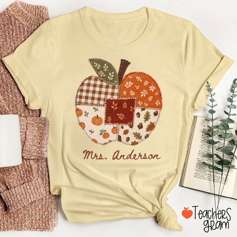 Personalized Name Faux Patchwork Punkpkin Teacher T-Shirt