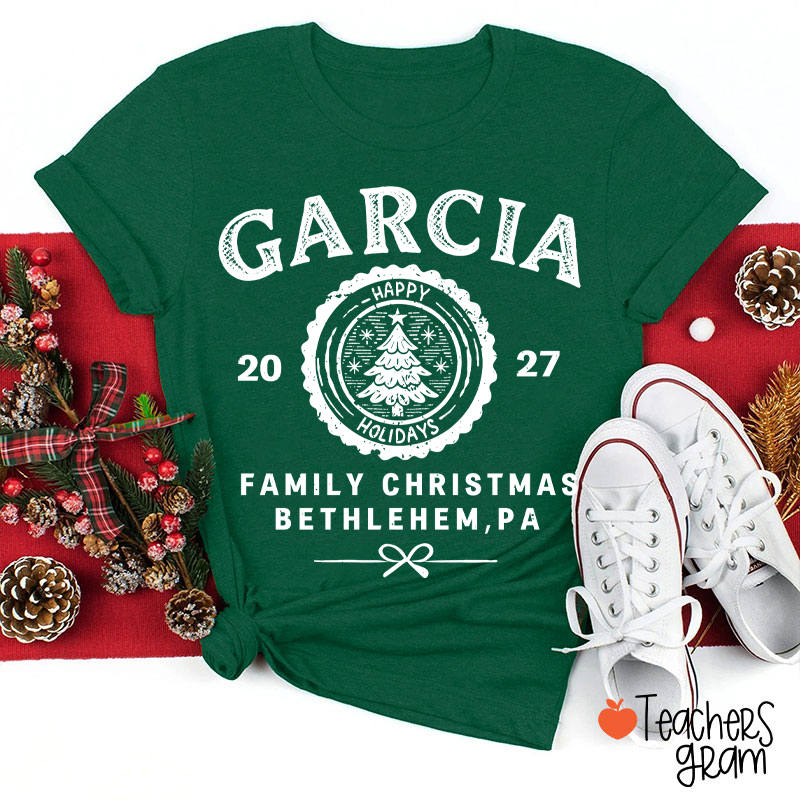 Personalized Vintage Family Christmas Crest Teacher T-Shirt