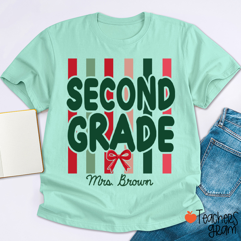 Personalized Retro Striped Grade Teacher Christmas Teacher T-Shirt
