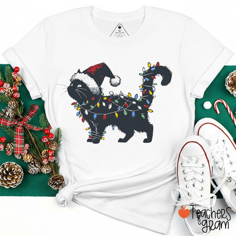 Comfort Colors Cute Cat Christmas Lights Teacher T-Shirt