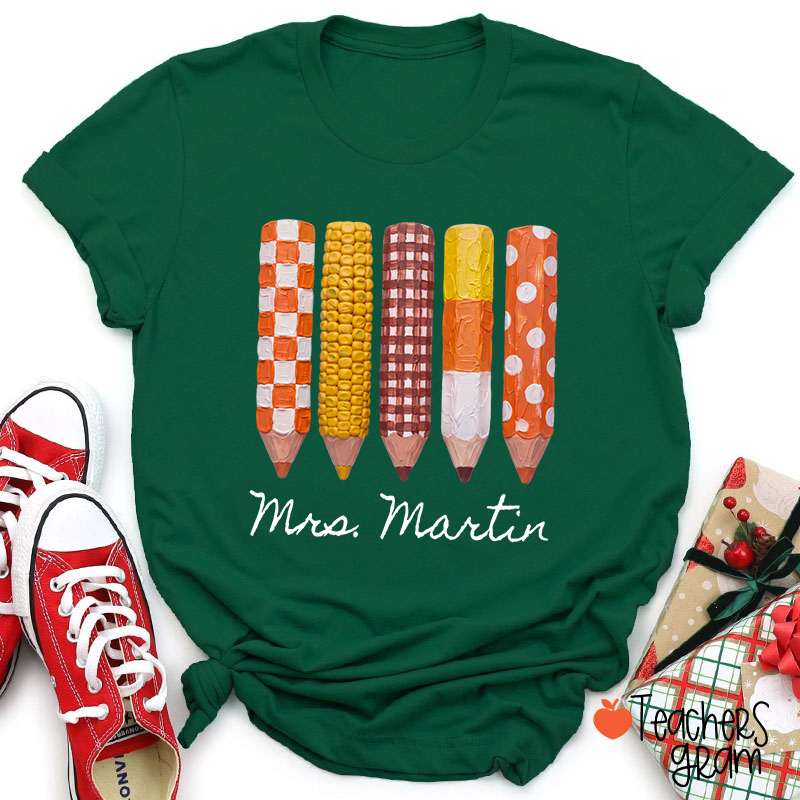 Personalized Name Harvest Corn Pencil Set Teacher T-Shirt