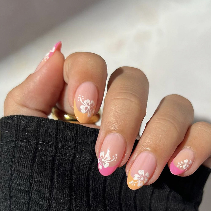 24pcs Long Almond Flower Pattern Full Cover Teacher Fake Nail