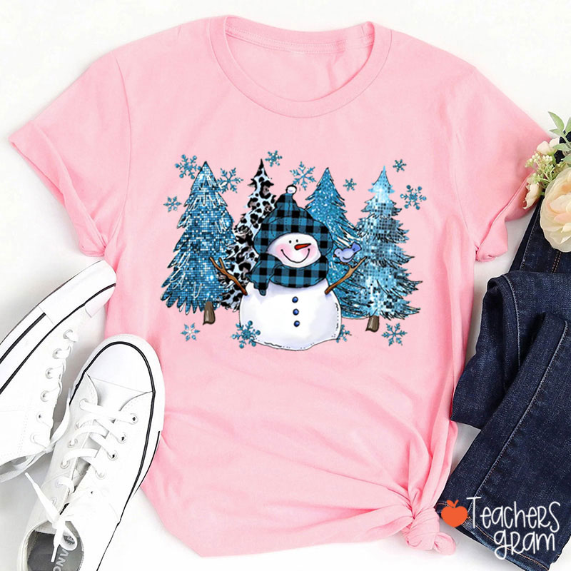 Cute Snowman And Christmas Trees Winter Vibes Teacher T-Shirt