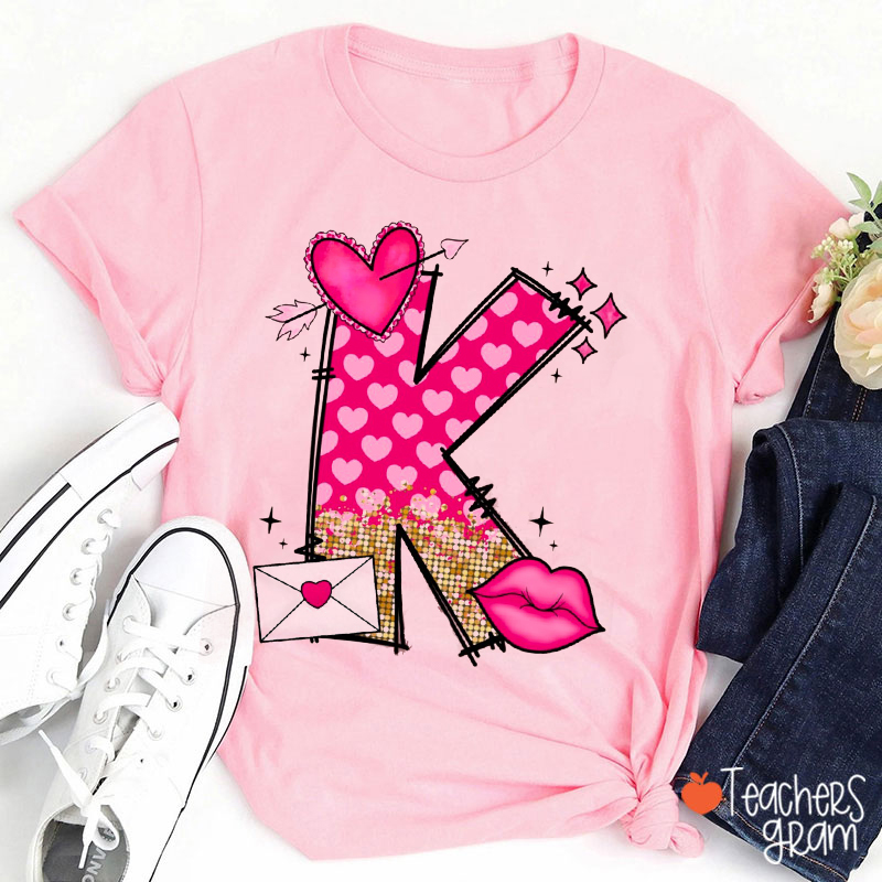 Personalized Name Valentine's Day Pink Hearts Doodle Letter Teacher T-Shirt
