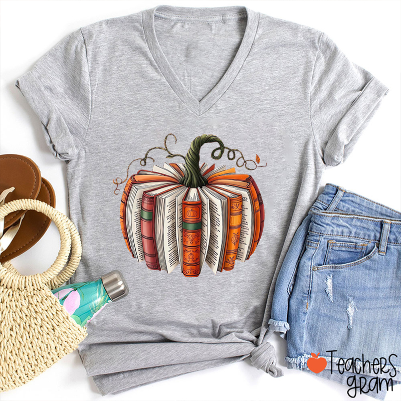Pumpkin Book Teacher Female V-Neck T-Shirt