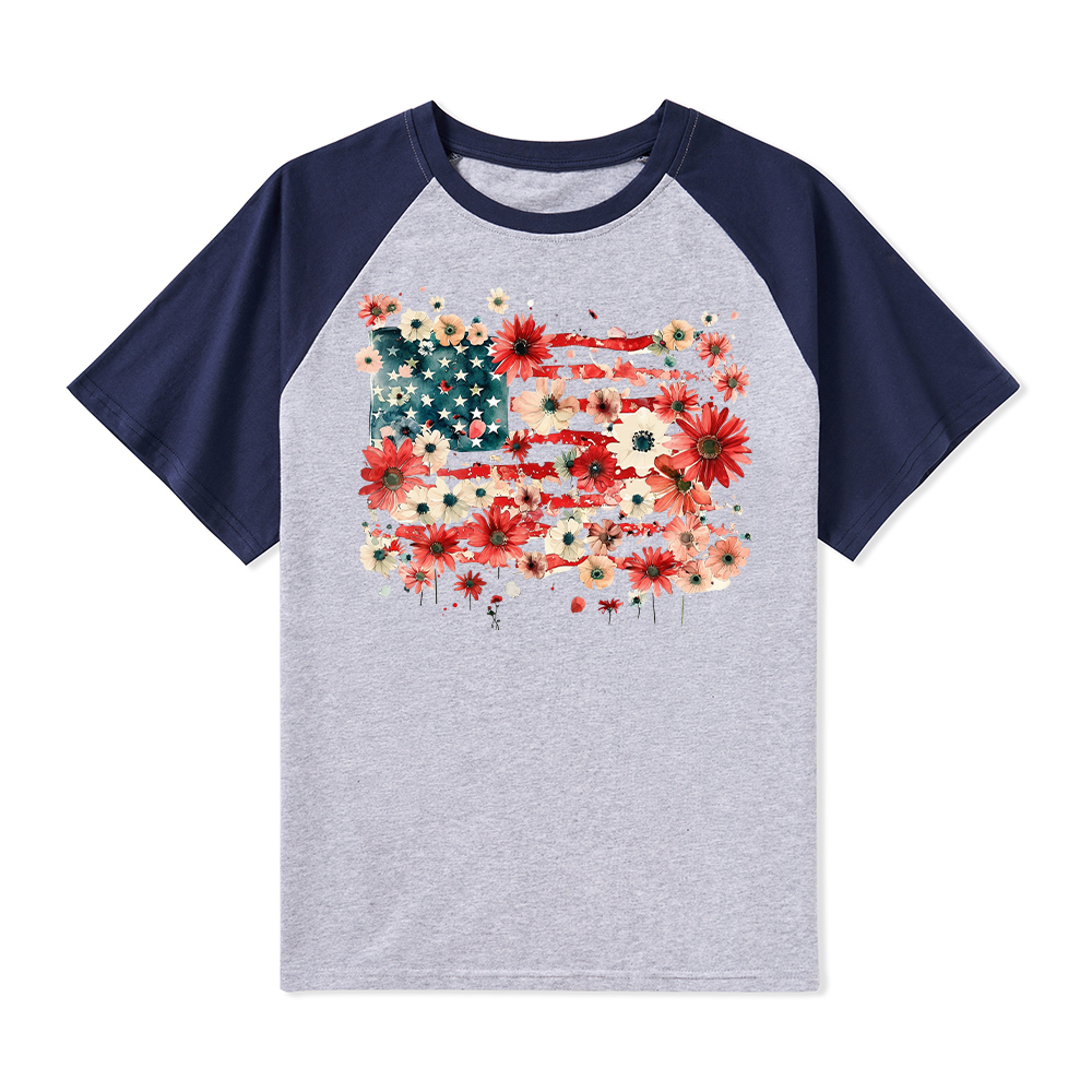 American Flag Floral Teacher Raglan T-Shirt