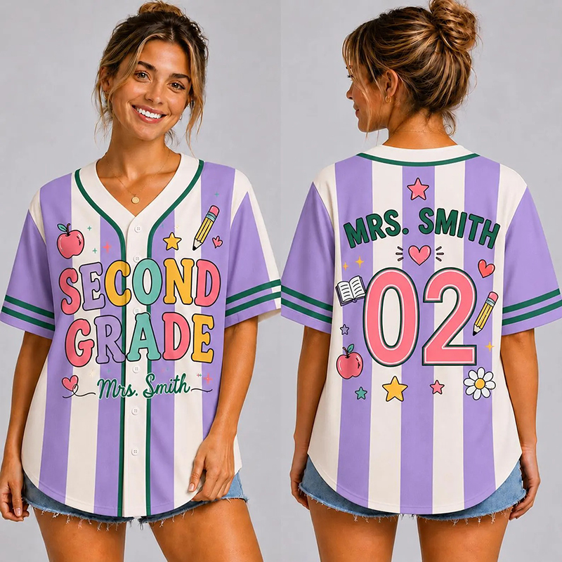 Personalized Grade And Name Preppy Vertical Stripes Baseball First Day Teacher Baseball Jersey