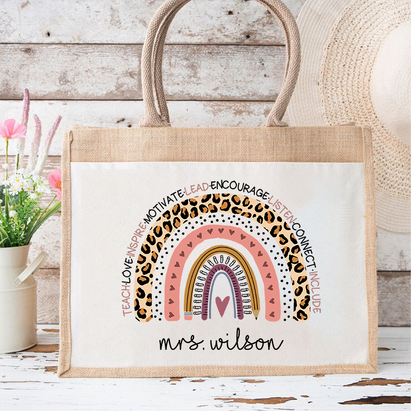 Personalized Name Teach Inspire Lead Teacher Jute Lunch Bag