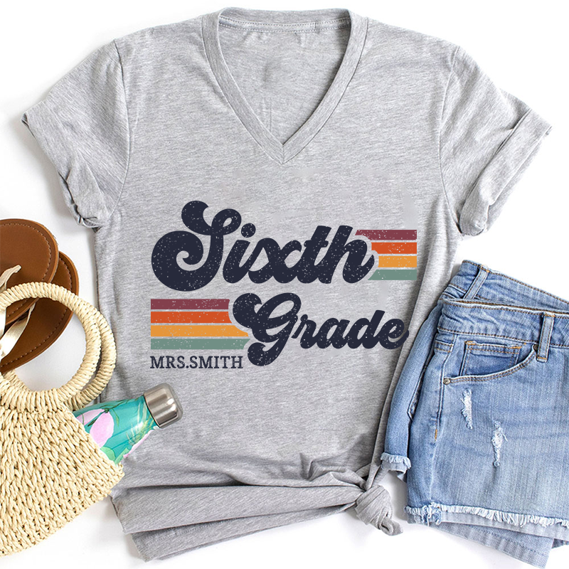 Personalized Grade And Name Retro Horizontal Stripes Teacher Female V-Neck T-Shirt