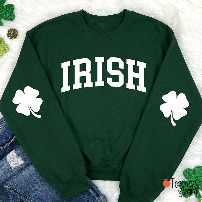 Irish Shamrock Elbow St. Patricks Day Teacher Sleeve Print Sweatshirt