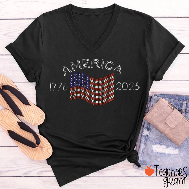 America 250th Rhinestone Flag Teacher Female V-Neck T-Shirt