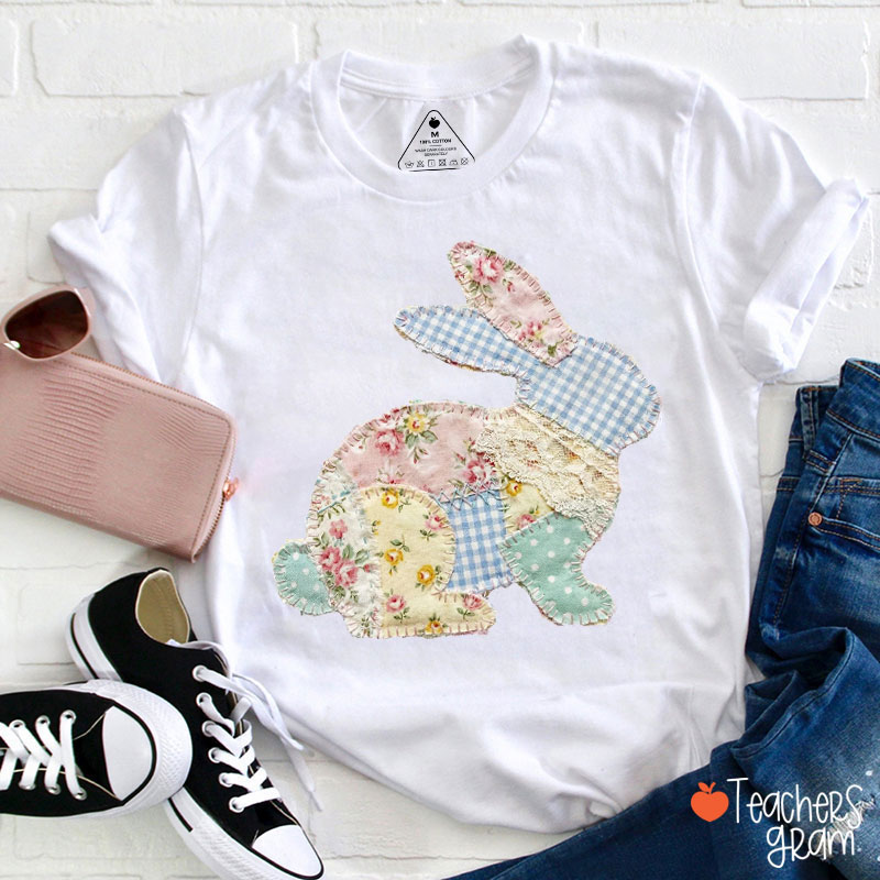 Faux Patchwork Rabbit Easter Vibe Teacher T-Shirt