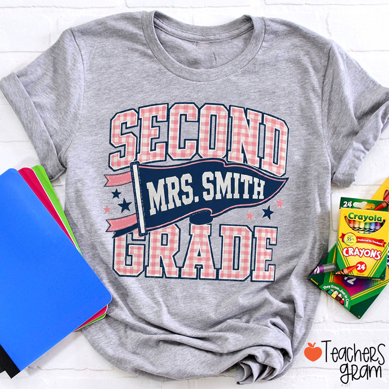 Personalized Name And Grade Checkered Pennant Teacher T-Shirt