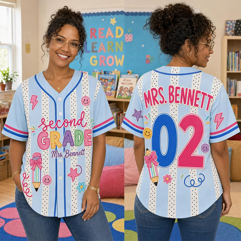 Personalized Grade Striped Polka Dot Stationery Print Teacher Baseball Jersey