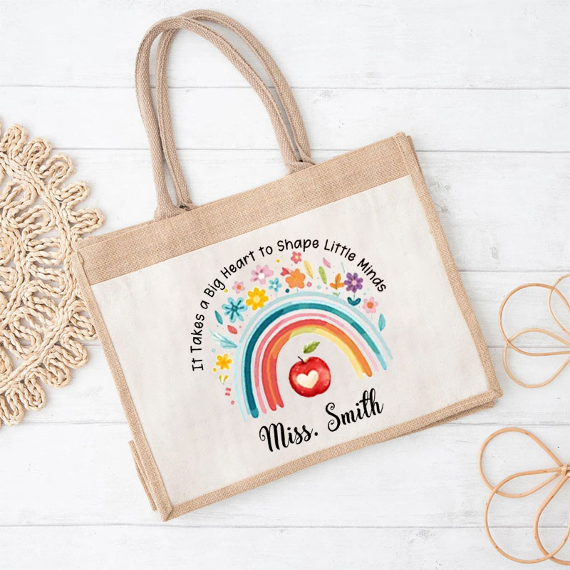 Personalized Name It Takes A Big Heart To Shape Little Minds Teacher Jute Lunch Bag