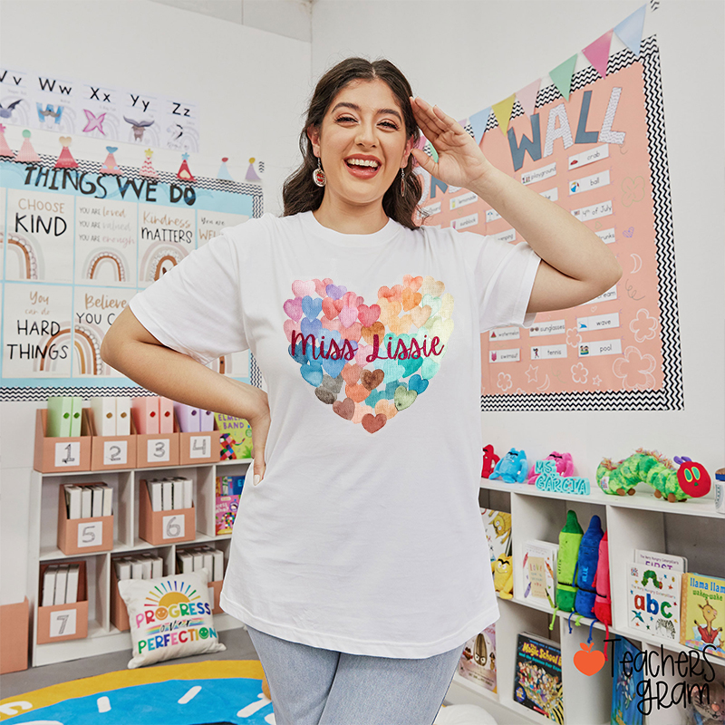 Personalized Name Watercolor Hearts Teacher T-Shirt
