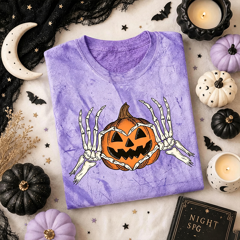 Skeleton Hands Heart Pumpkin Halloween Oversized Graphic T-Shirt