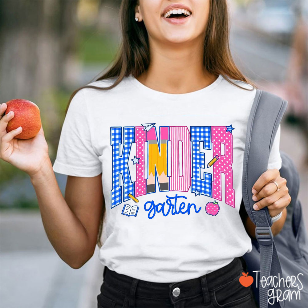 Personalized Grade Gingham Polka Dot Pencil Teacher T-Shirt