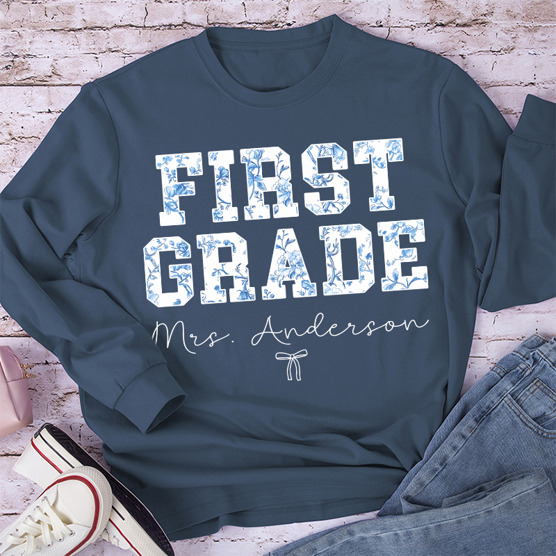 Personalized Name And Grade Trendy Teacher Long Sleeve T-Shirt