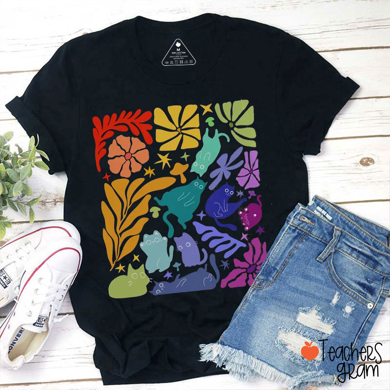 Boho Rainbow Cats Teacher T-Shirt