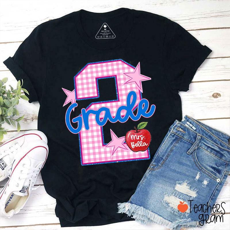 Personalized Name Grade Gingham Star Apple Teacher T‑Shirt