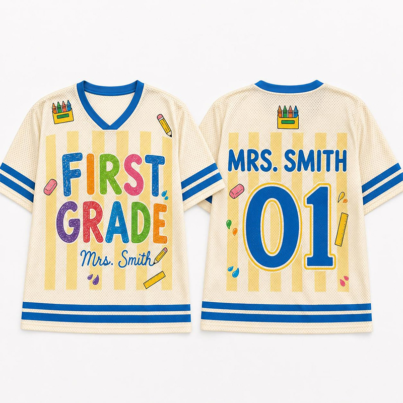 Personalized Grade And Name Preppy Yellow Stripes Crayon First Day Teacher Mesh Jersey