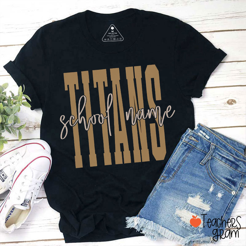 Personalized Mascot School Name Handwritten Script Teacher T‑Shirt