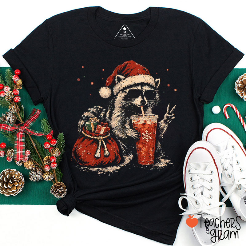 Christmas Raccoon Iced Drink Teacher T-Shirt