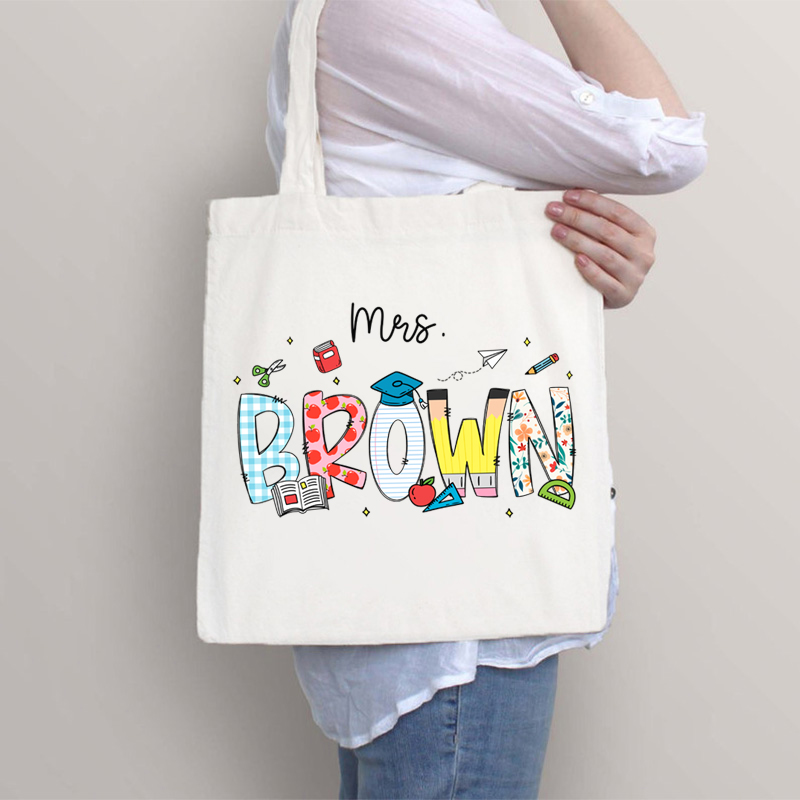 Personalized Name Cartoon Stationery Teacher Tote Bag