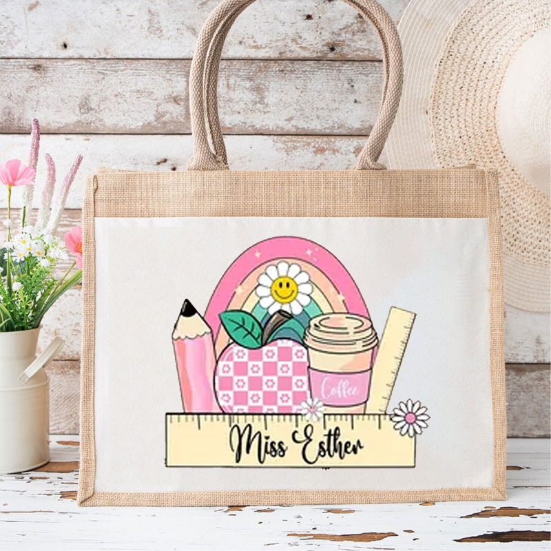 Personalized Name Stationery Apple Coffee Cup Rainbow Flower Teacher Jute Lunch Bag