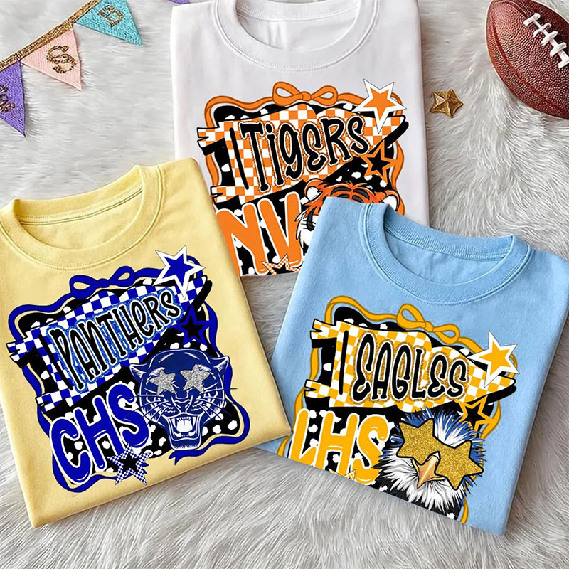 Personalized Mascot School Spirit Checkered Bow Teacher T-Shirt
