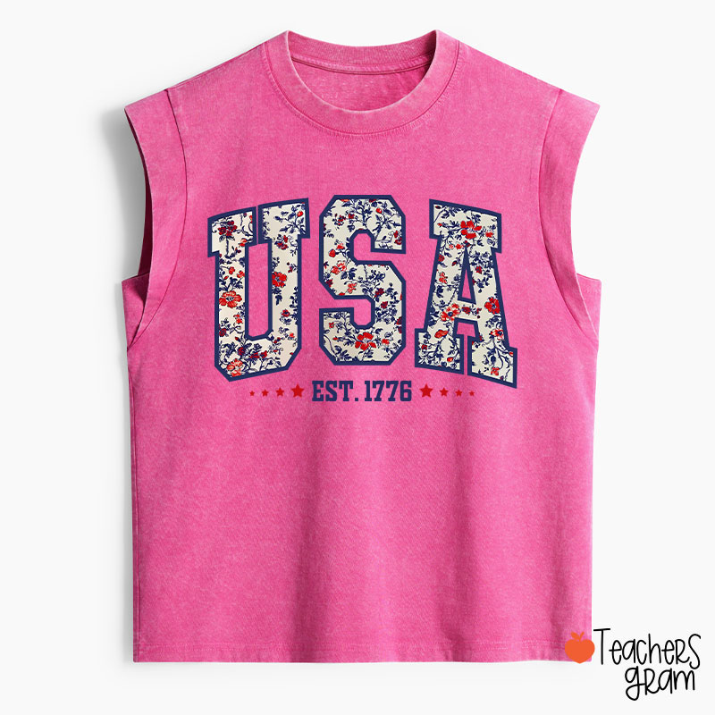 Retro Floral USA Teacher Washed Tank Top