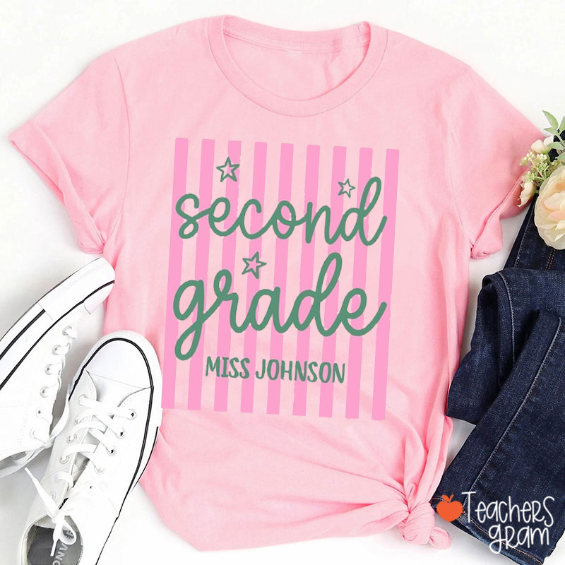 Personalized Grade Blue Gingham Stripes Teacher T-Shirt