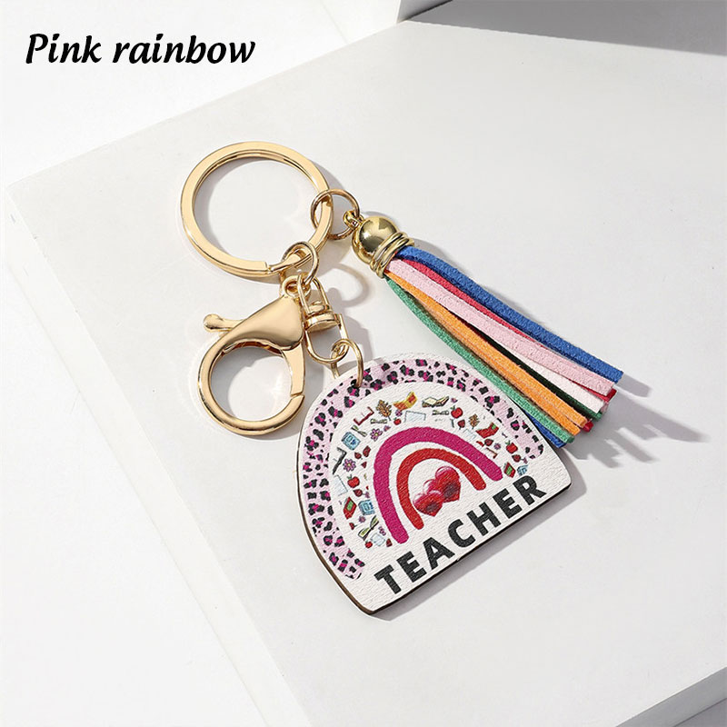 Rainbow Wooden Sign Tassel Teacher Keychain