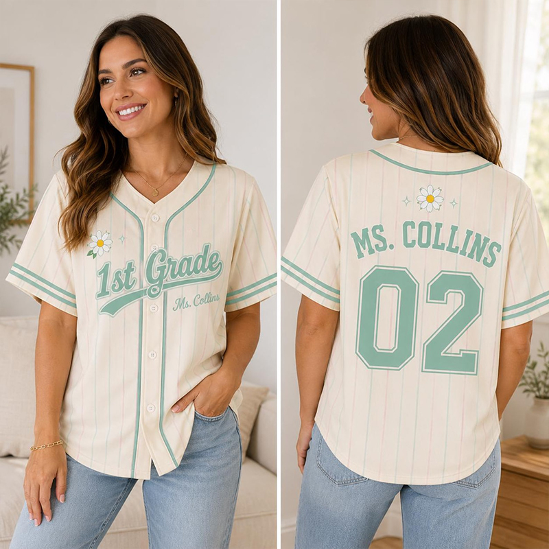 Personalized Grade And Name Preppy Pinstripe Daisy First Day Teacher Baseball Jersey