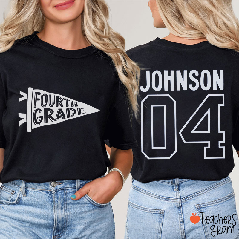 Personalized Name And Grade Pennant Back To School Teacher Two Sided T-Shirt