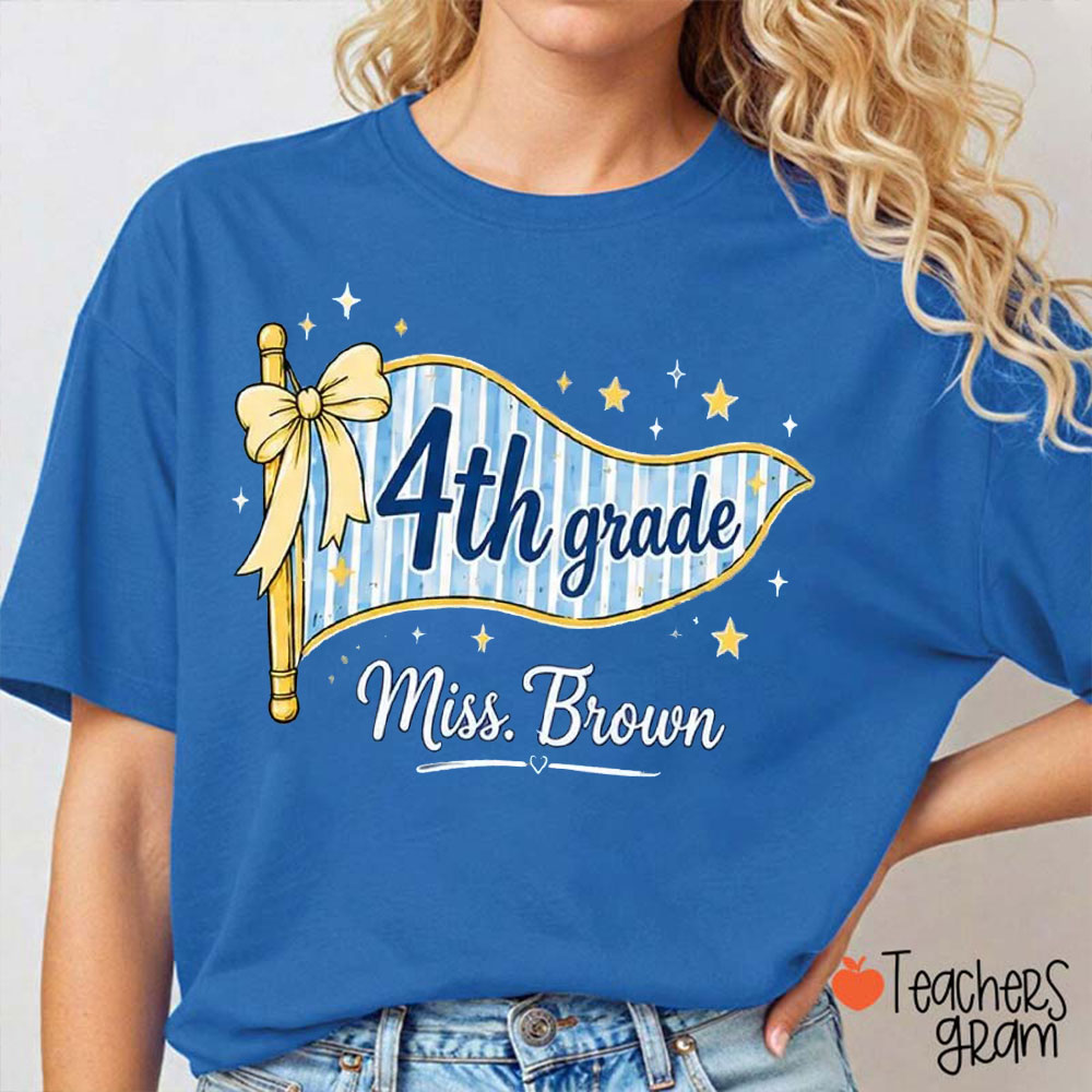 Personalized Shinging Stars And Bow Pennant Teacher T-Shirt