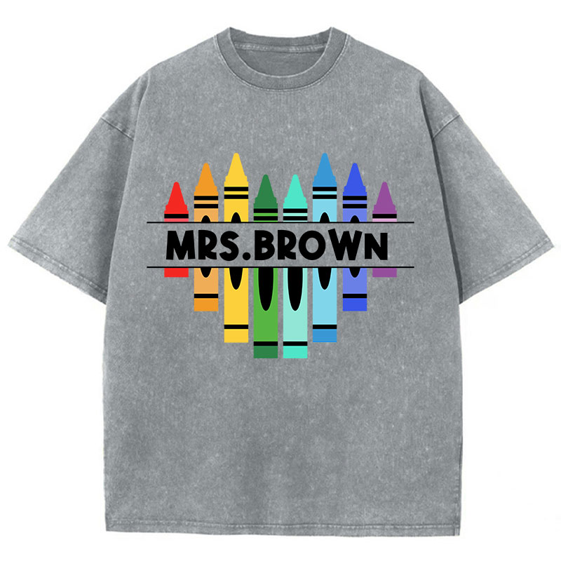 Personalized Name Colorful Crayons Teacher Washed T-Shirt