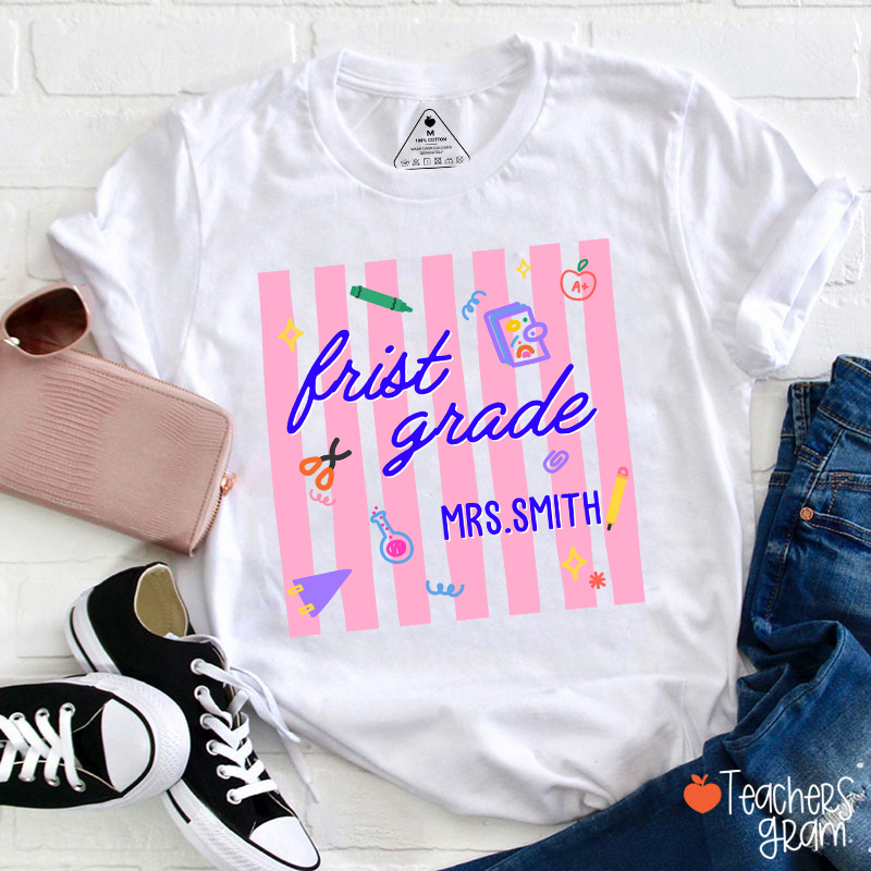 Personalized Grade And Name Preppy Stripes Teacher T-Shirt