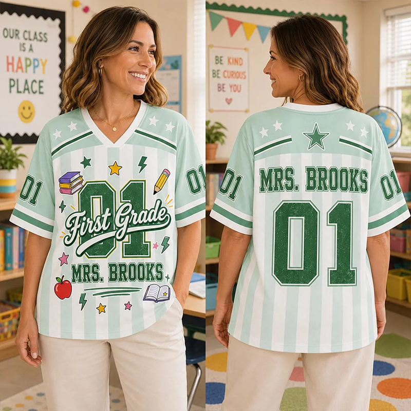 Personalized Grade Name Pastel Stripe Teacher Mesh Jersey