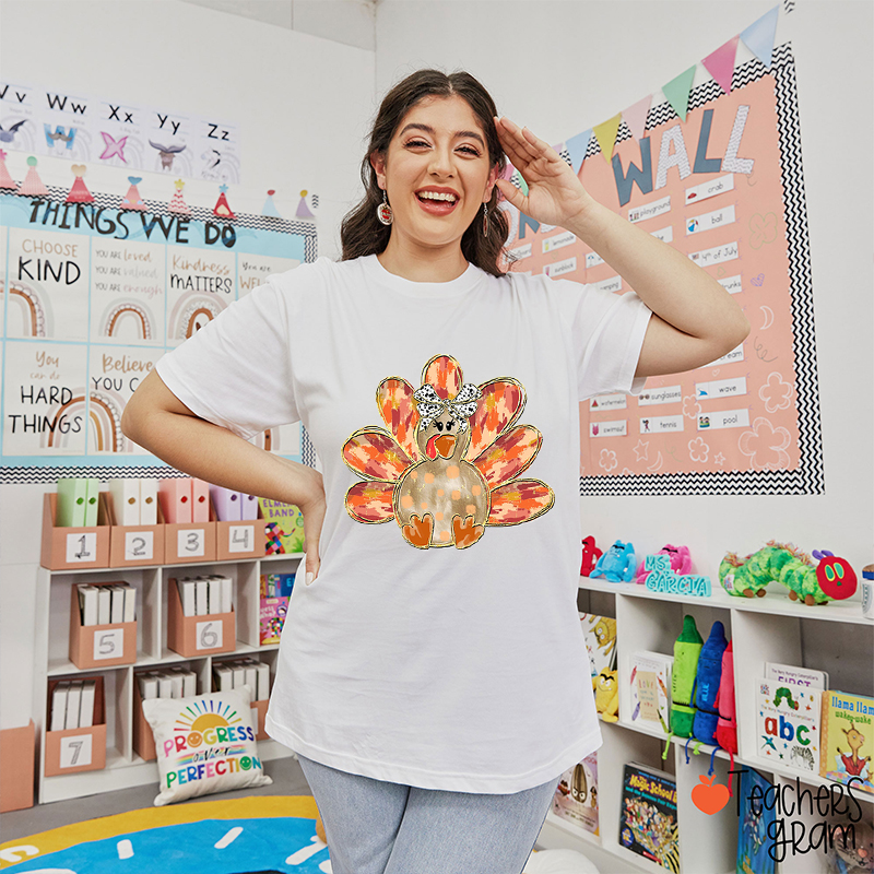 Happy Thanksgiving With Cute Turkey Teacher T-Shirt