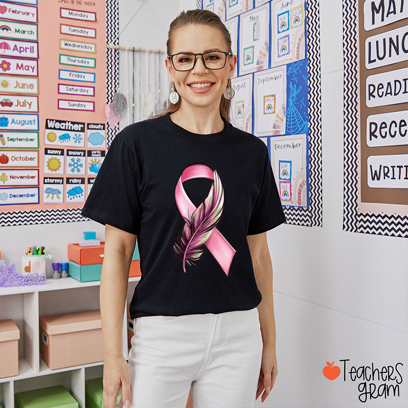 Feather Pink Ribbon Breast Cancer Awareness Teacher T-Shirt