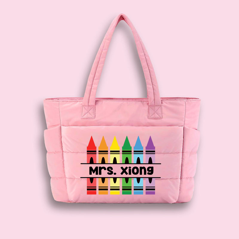 Personalized Pencil Crayon Teacher Puffy Tote Bag