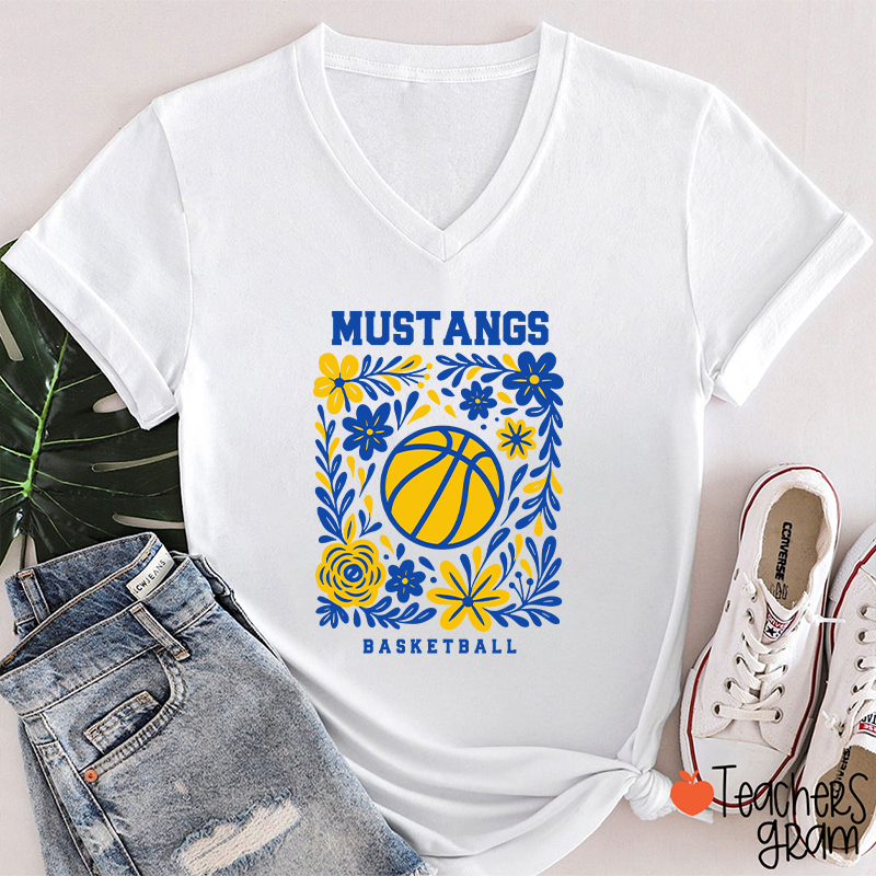 Personalized Mascot And Sport Flowers Teacher Female V-Neck T-Shirt