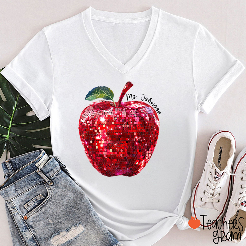 Personalized Red Glitter Apple And Name Teacher Female V-Neck T-Shirt