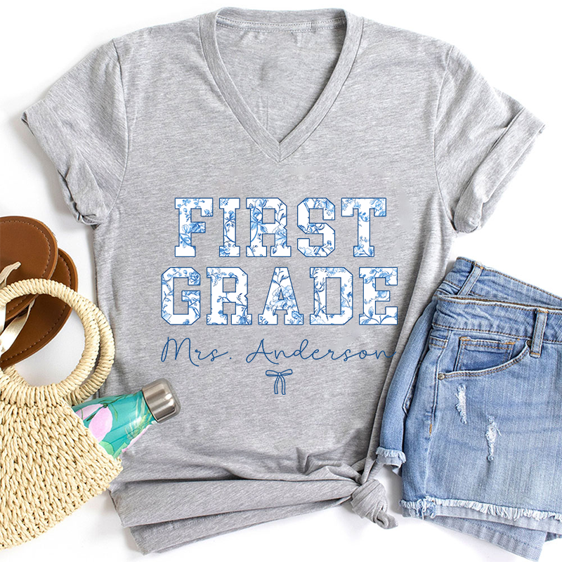 TS29701 Personalized Name And Grade Trendy Teacher Female V-Neck T-Shirt