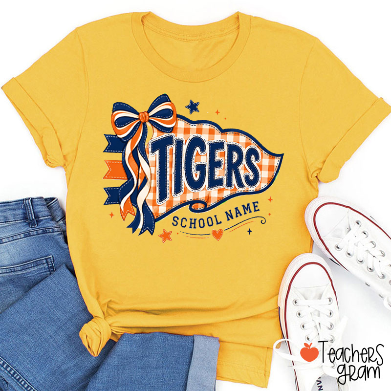 Personalized Mascot School Name Bow Checkered Pennant Teacher T-Shirt