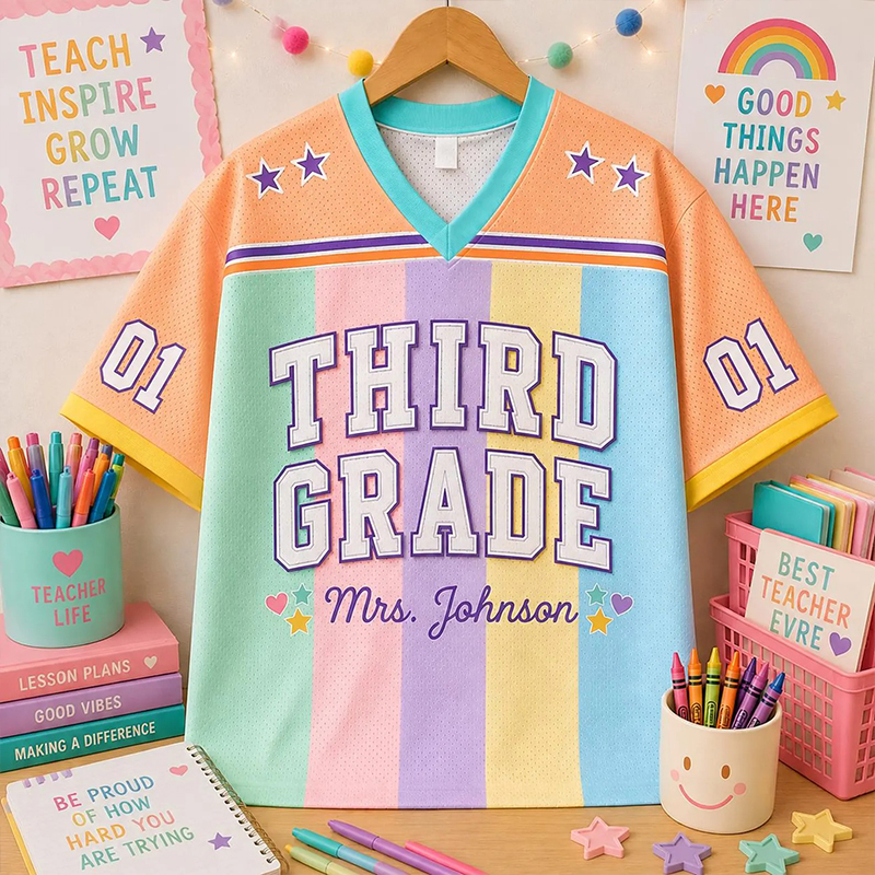 Personalized Grade And Name Preppy Rainbow Vertical Stripes First Day Teacher Mesh Jersey