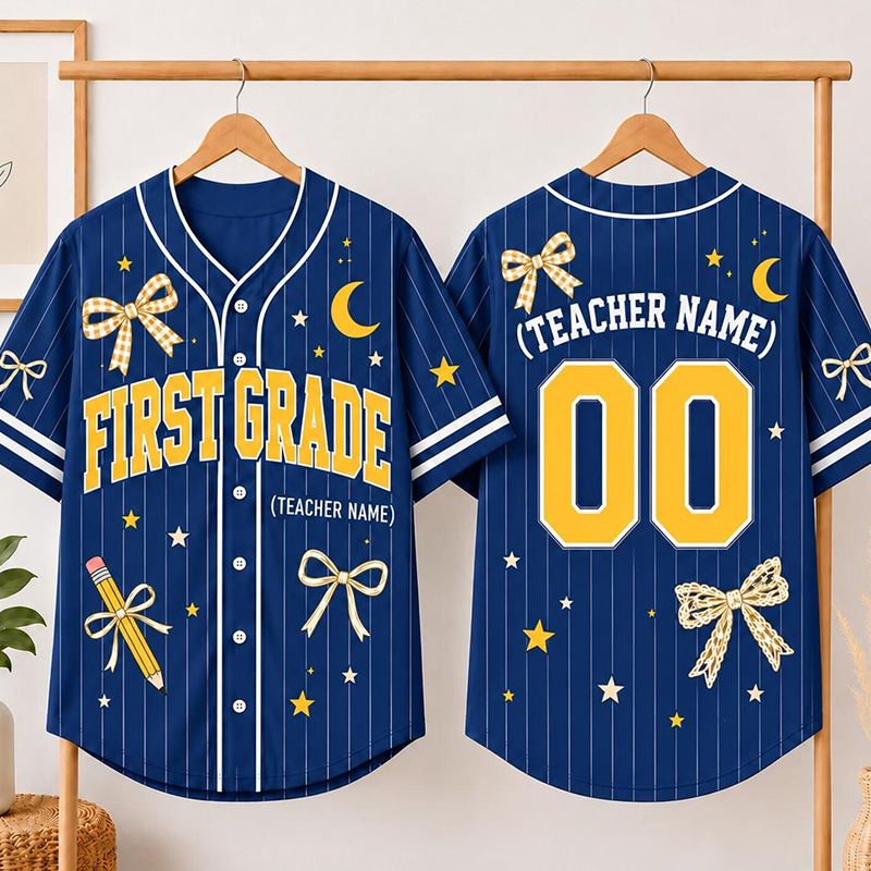 Personalized Grade And Name Bow Pencil Star Moon Graphic Teacher Baseball Jersey